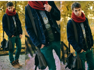 mens-teal-denim-jeans-tan-lace-up-boots-red-scarf-jean-jacket-knit-sweater-graphic-t-shirt-messenger-bag